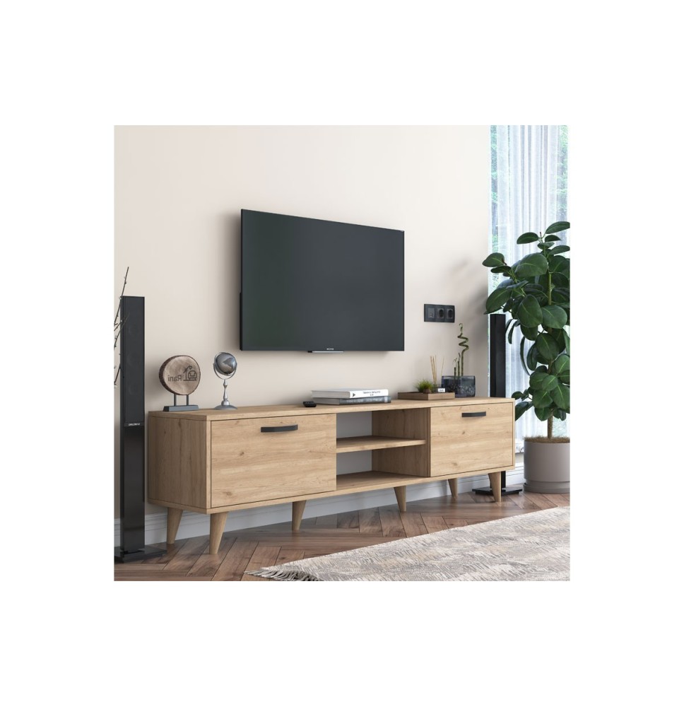 Mueble de TV en Roble con 2 Cajones y Estantes - 180x35x48.5 cm con Patas de Madera.