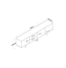 Mueble TV Color Blanco Nogal Melamina Natural - Patas Madera - 180x29.7x48.6 cm - 3 Cajones y Estantes.