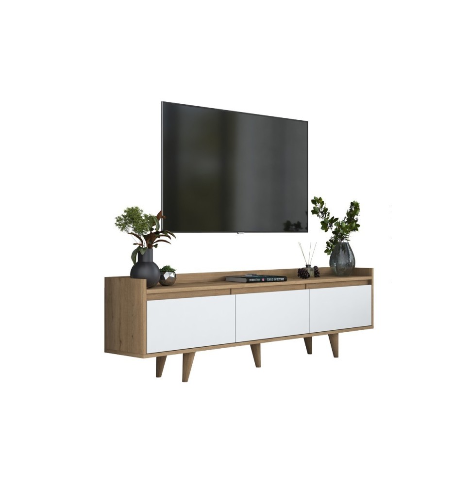 Mueble TV Nogal Melamina Puertas Blancas con Patas de Madera - 3 Puertas Abatibles - 180x29.7x51.8 cm - Elegancia y Espacio.